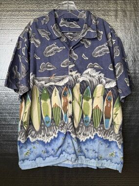 Vintage Camp Button Down Surfboard Print Short Sleeve Shirt - Navy/Blue